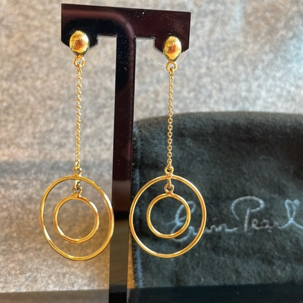 Erwin Pearl 22K gold plated sterling silver double hoop drop earring w Pouch